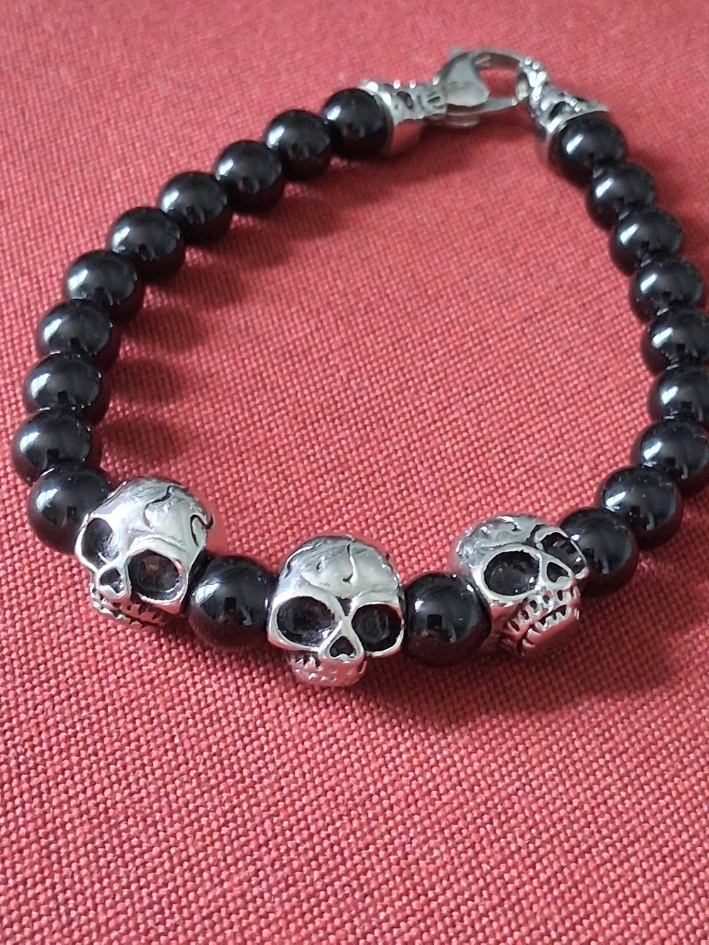 Gothic Unisex Onyx Beaded Bracelet Silver Skull Men's Signed HAN SS Biker